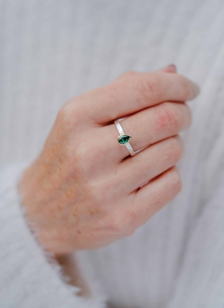 Moissanite Green Pear Shaped stone ring