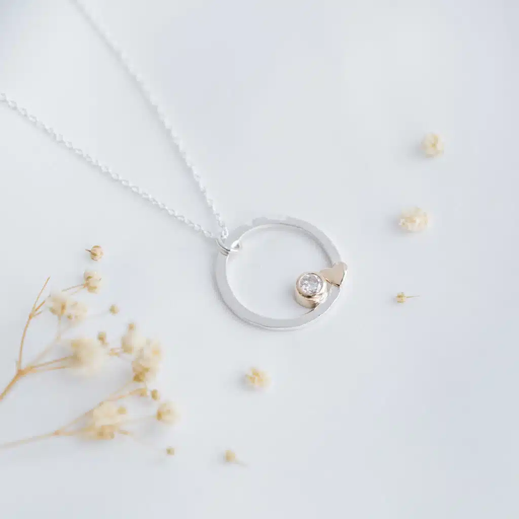 Memorial My Wee Golden Heart Sparkle Necklace - Silver and 9ct Gold - 5mm Moissanite - Cremation Ash or Pet Hair